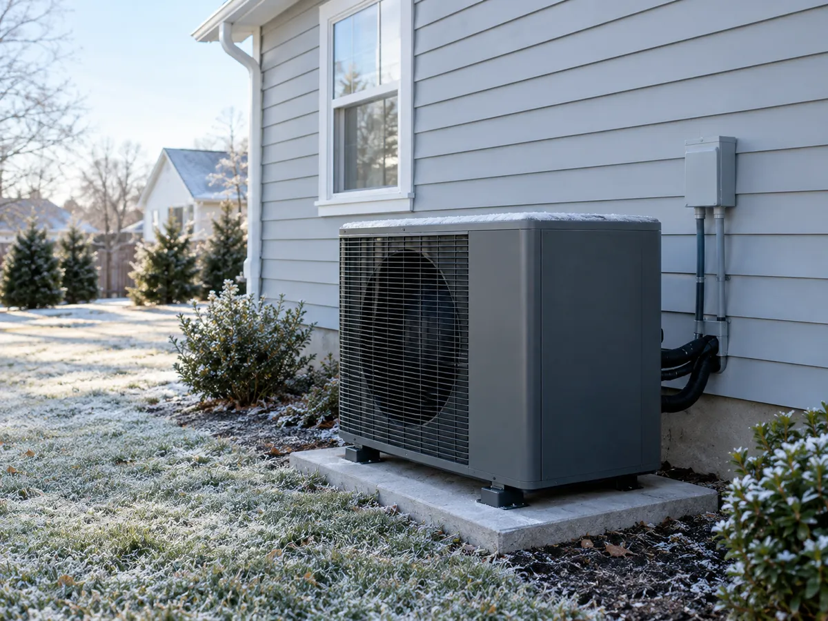 Heat pump outdoor unit beside a house with light frost on the ground