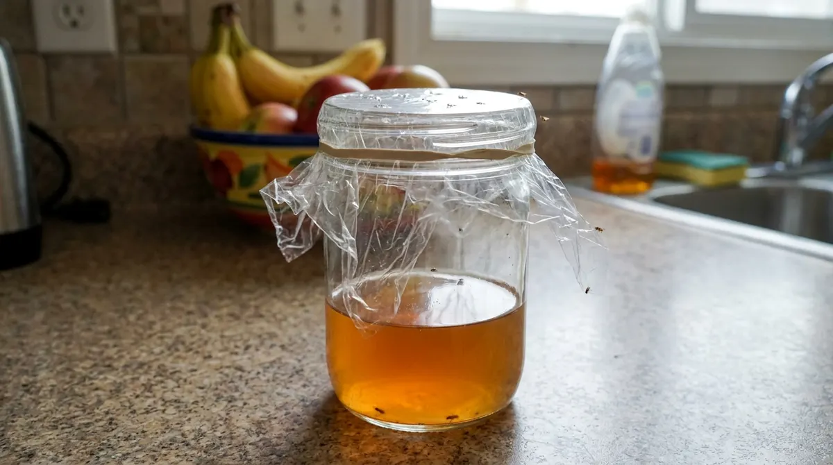 Homemade fly trap made from a jar of apple cider vinegar covered with plastic wrap
