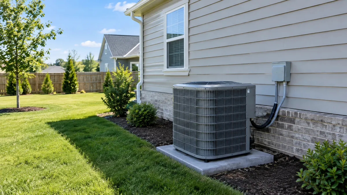 Central air conditioner condenser on a concrete pad beside a suburban house