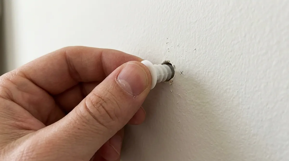 Hand pressing a plastic wall anchor into a pilot hole in drywall