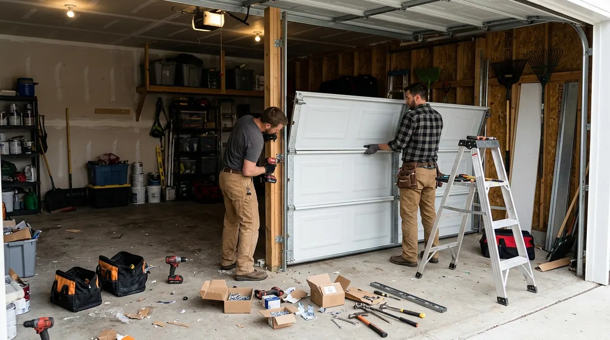 Installer attaching garage door panels and vertical track inside a garage