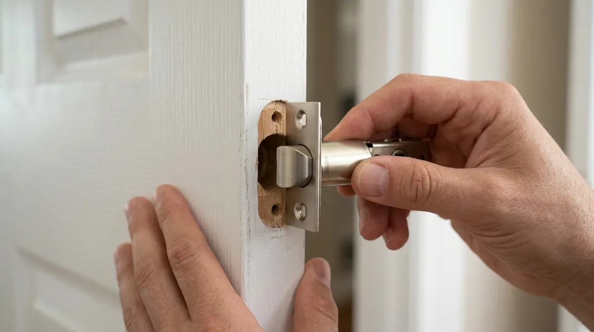 Hands inserting a new satin nickel latch into the edge of a white door