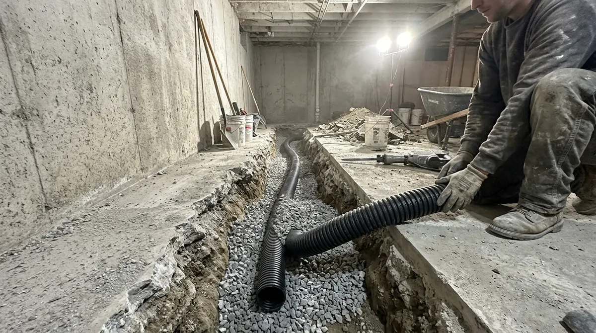 Trench cut along a basement wall with gravel and perforated drain pipe being installed