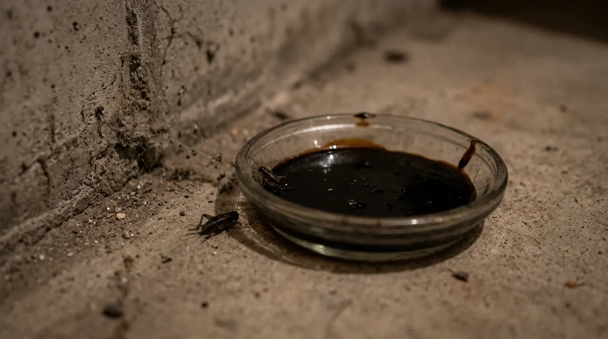 Small jar trap baited with molasses placed on a floor to catch a cricket