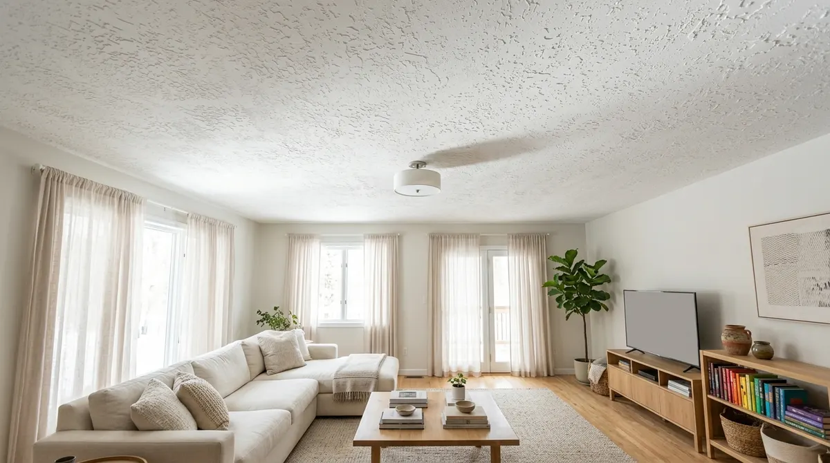 Textured white ceiling in a bright living room