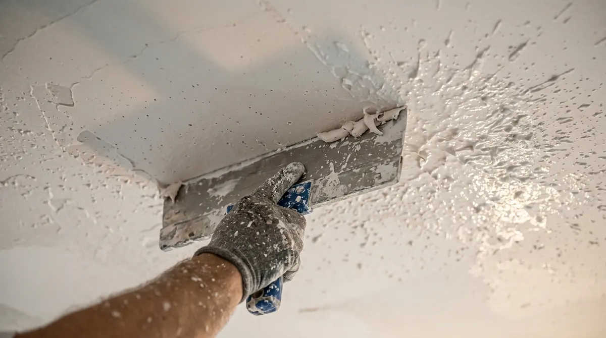 Wide knockdown knife flattening peaks of wet ceiling texture