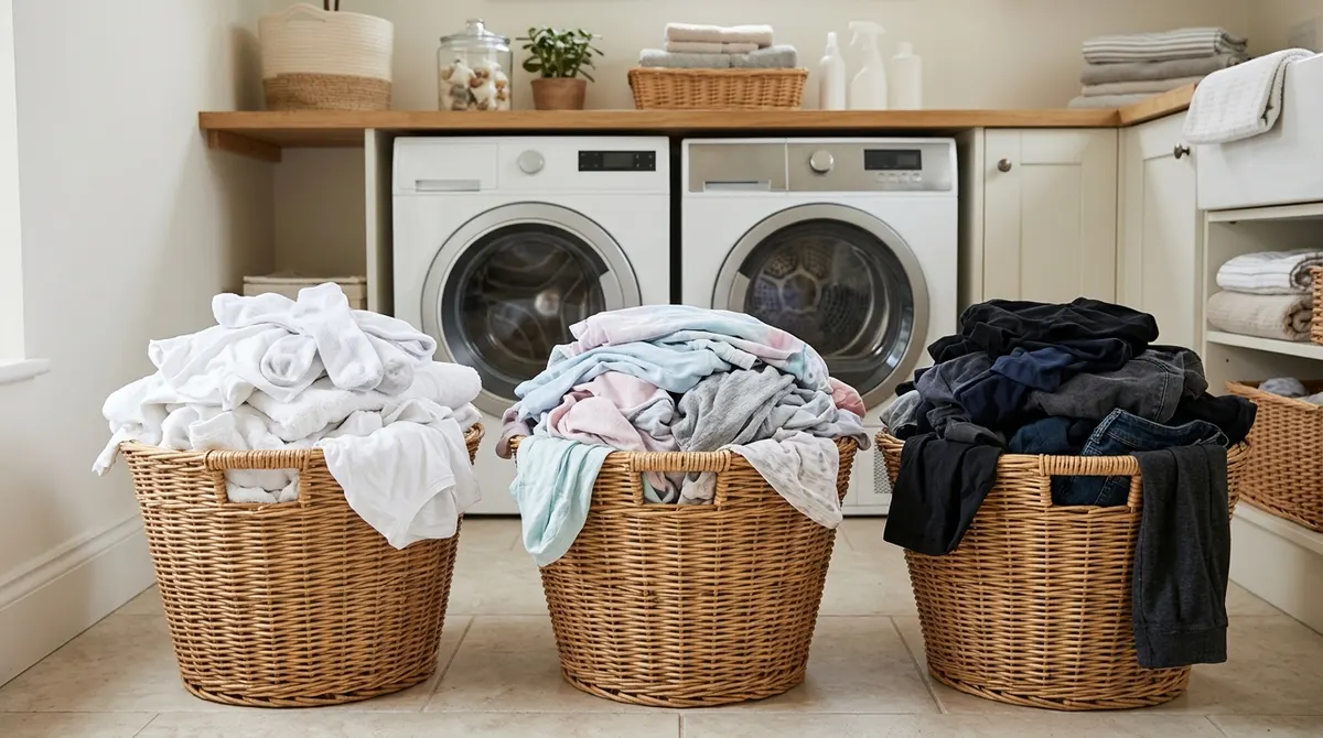 Laundry sorted into three baskets: whites, lights and darks