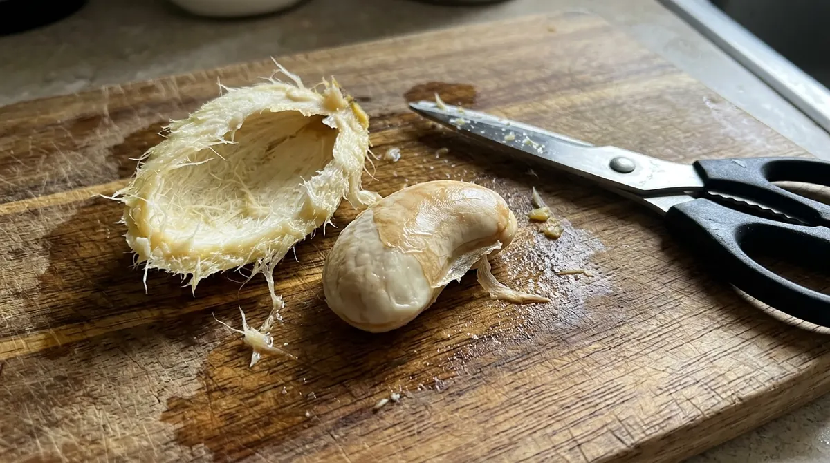 Mango pit cut open showing the seed inside next to the husk on a cutting board
