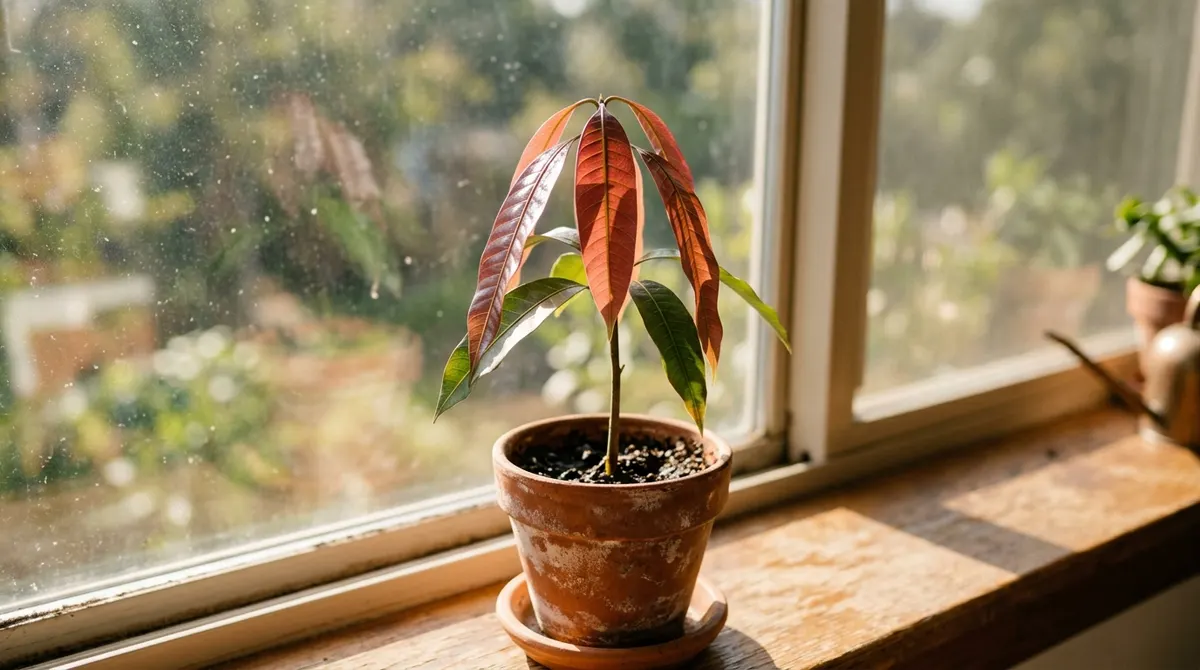 Young mango seedling with reddish leaves in a pot by a sunny window