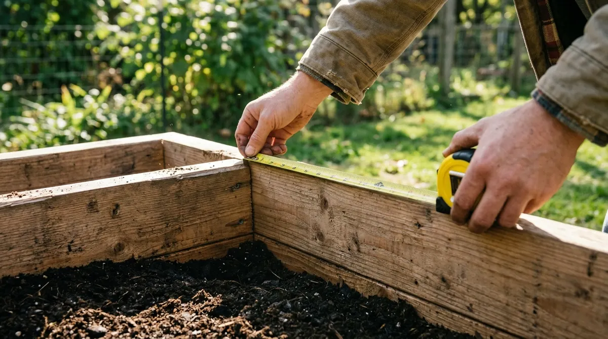 Measuring a raised garden bed with a tape measure to calculate cubic yards of soil