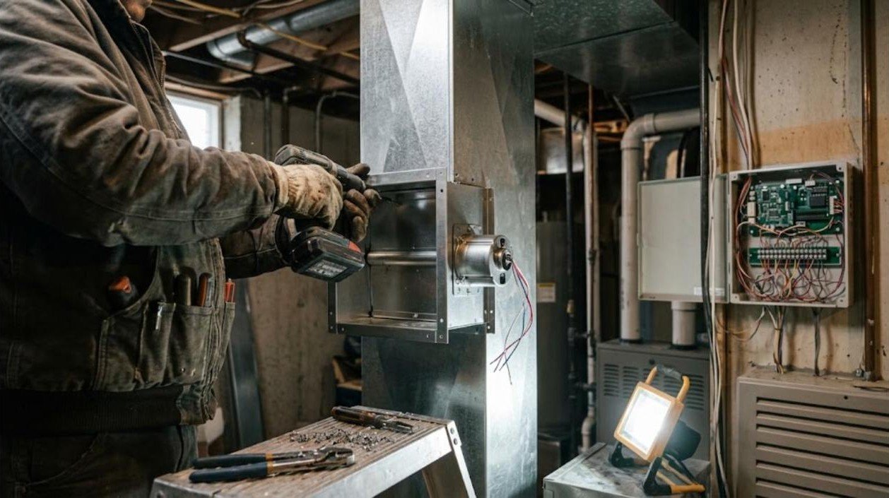 HVAC technician installing a motorized zone damper in basement ductwork next to a zone control panel