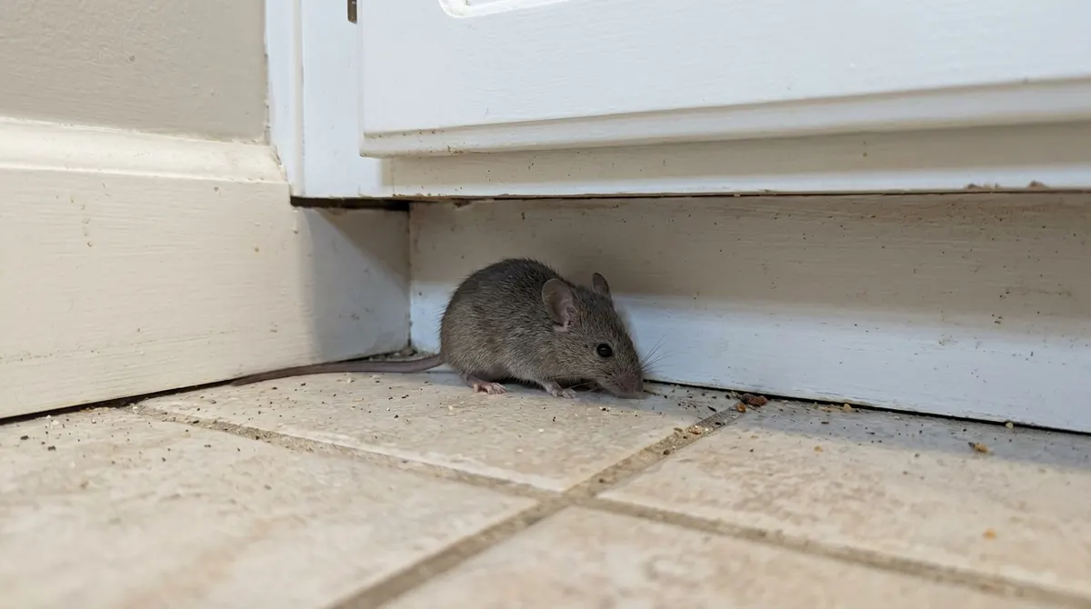 House mouse in the corner of a kitchen floor near a cabinet