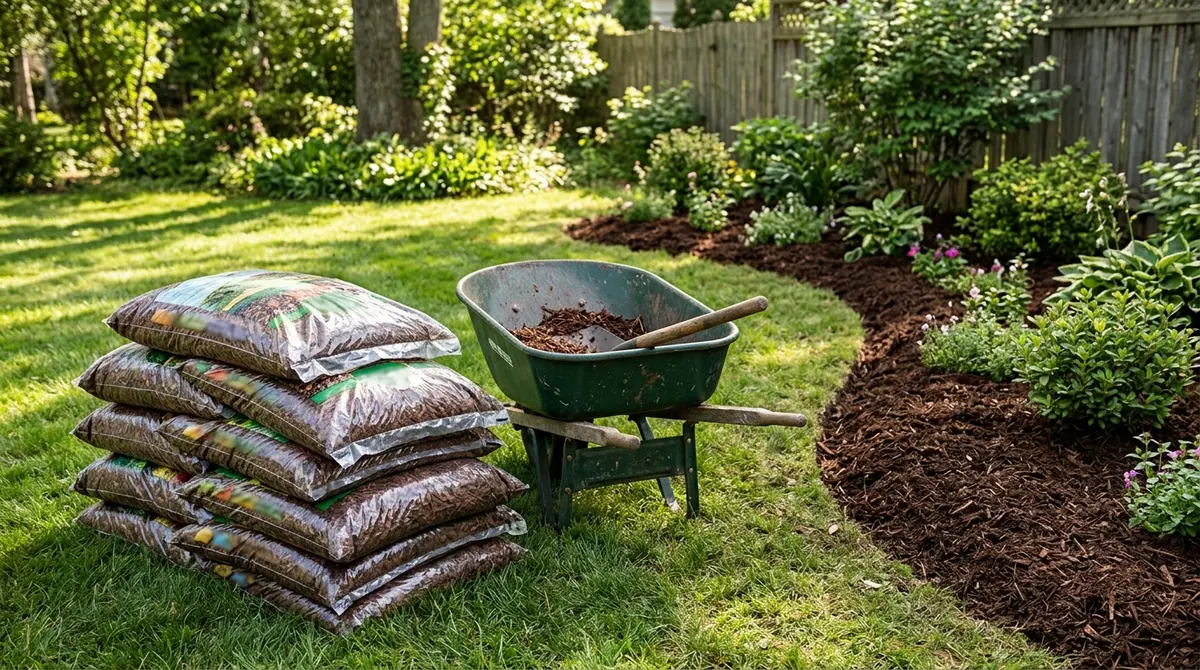 Stack of 2 cubic foot mulch bags next to a wheelbarrow in a garden