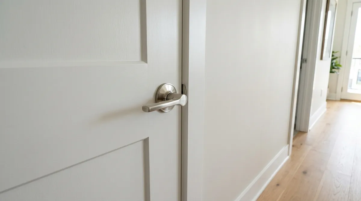 New satin nickel lever handle installed on a white interior door