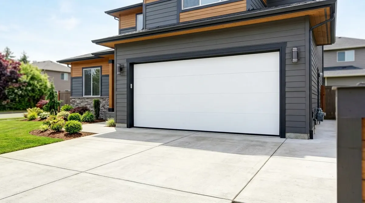 Newly installed white sectional garage door on a modern home