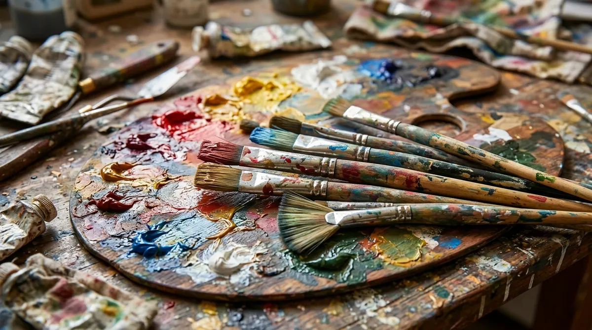 Oil paint brushes covered in colorful paint resting on a palette after painting