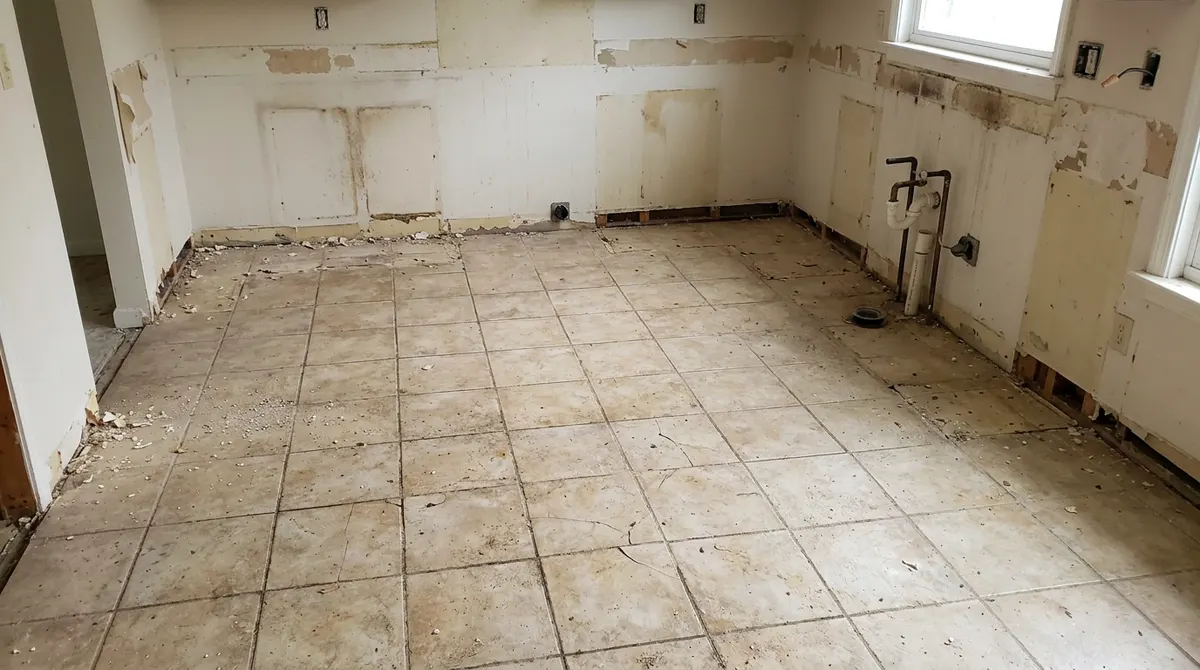 Old dated ceramic tile floor in a kitchen ready to be removed