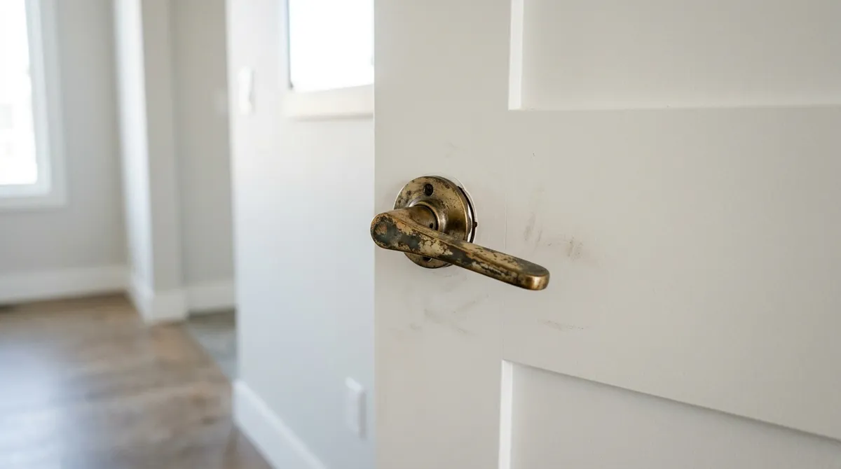 Old worn brass lever door handle on a white interior door