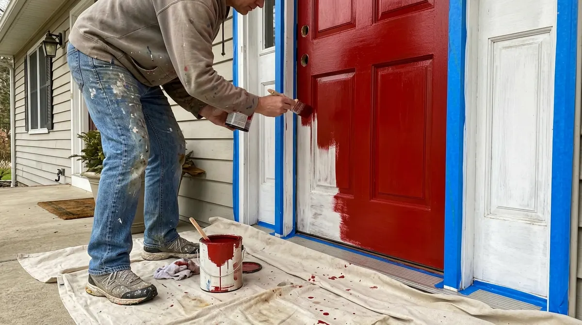 Person painting a front door red with a brush, hardware removed
