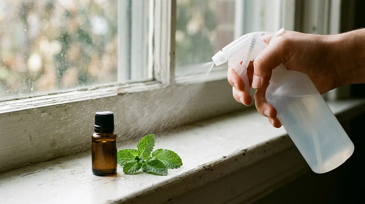Spraying a homemade peppermint oil spray along a window sill