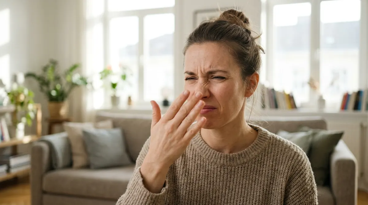 Person covering their nose noticing a bad smell in a living room