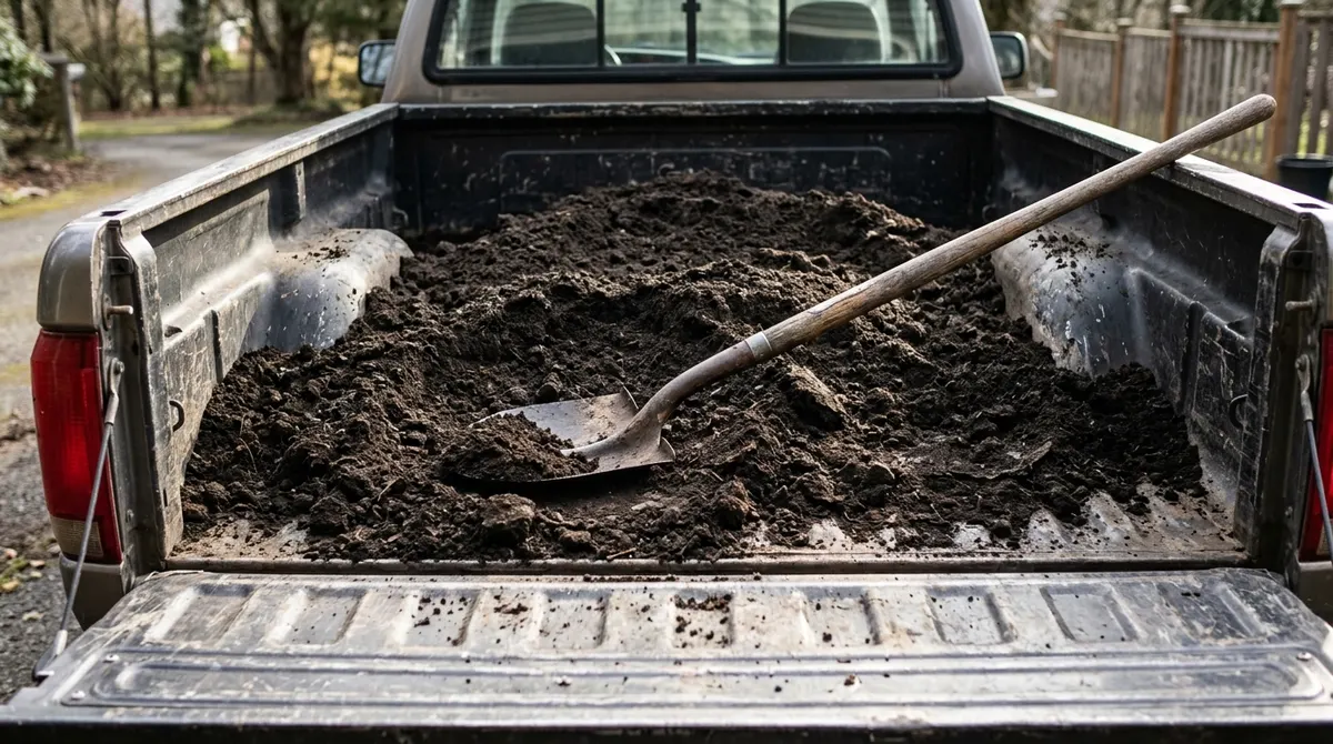 Pickup truck bed loaded with topsoil
