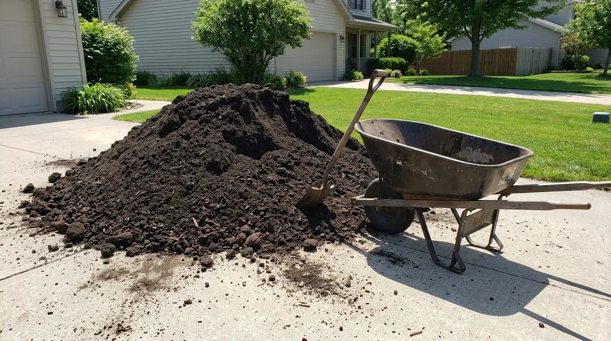 Pile of dark topsoil delivered on a driveway next to a wheelbarrow