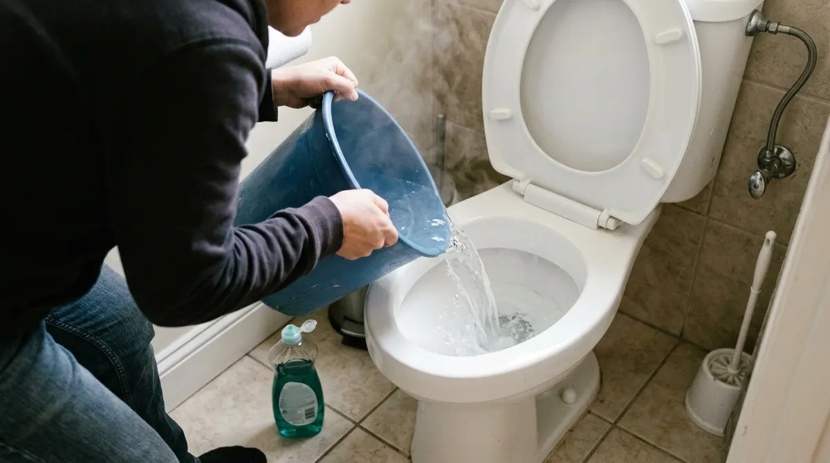 Pouring hot water from a bucket into a toilet bowl after adding dish soap