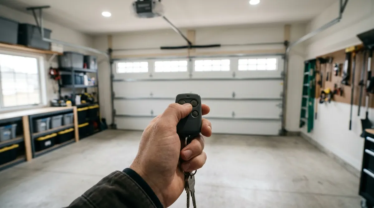 Hand pressing the button on a garage door remote inside a garage