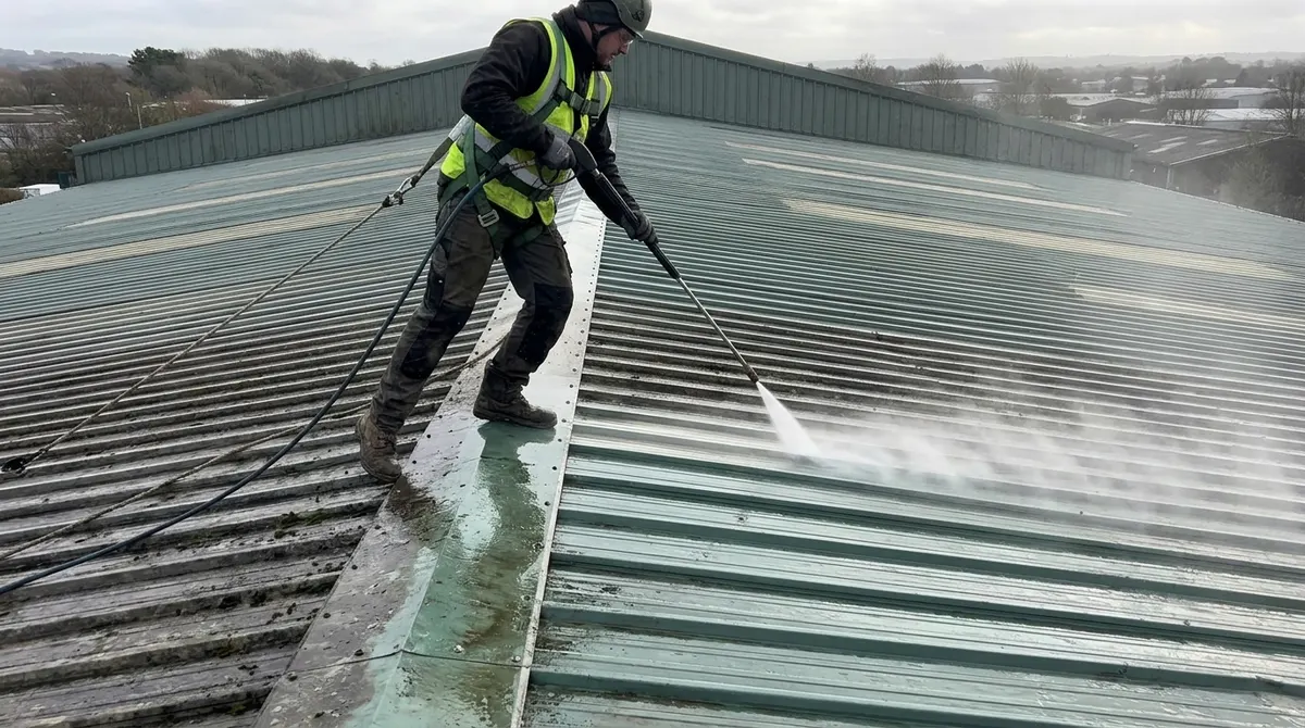 Pressure washing a metal roof before painting