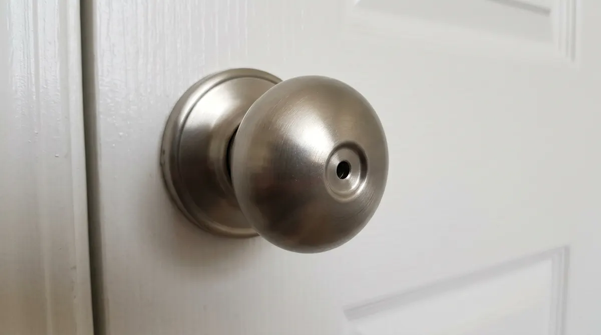 Close-up of a privacy door knob showing the small emergency release hole