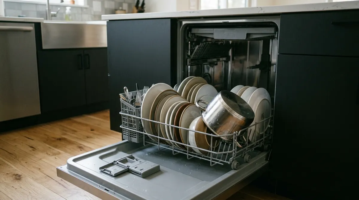 Correctly loaded dishwasher bottom rack with plates facing the center and pots at the side