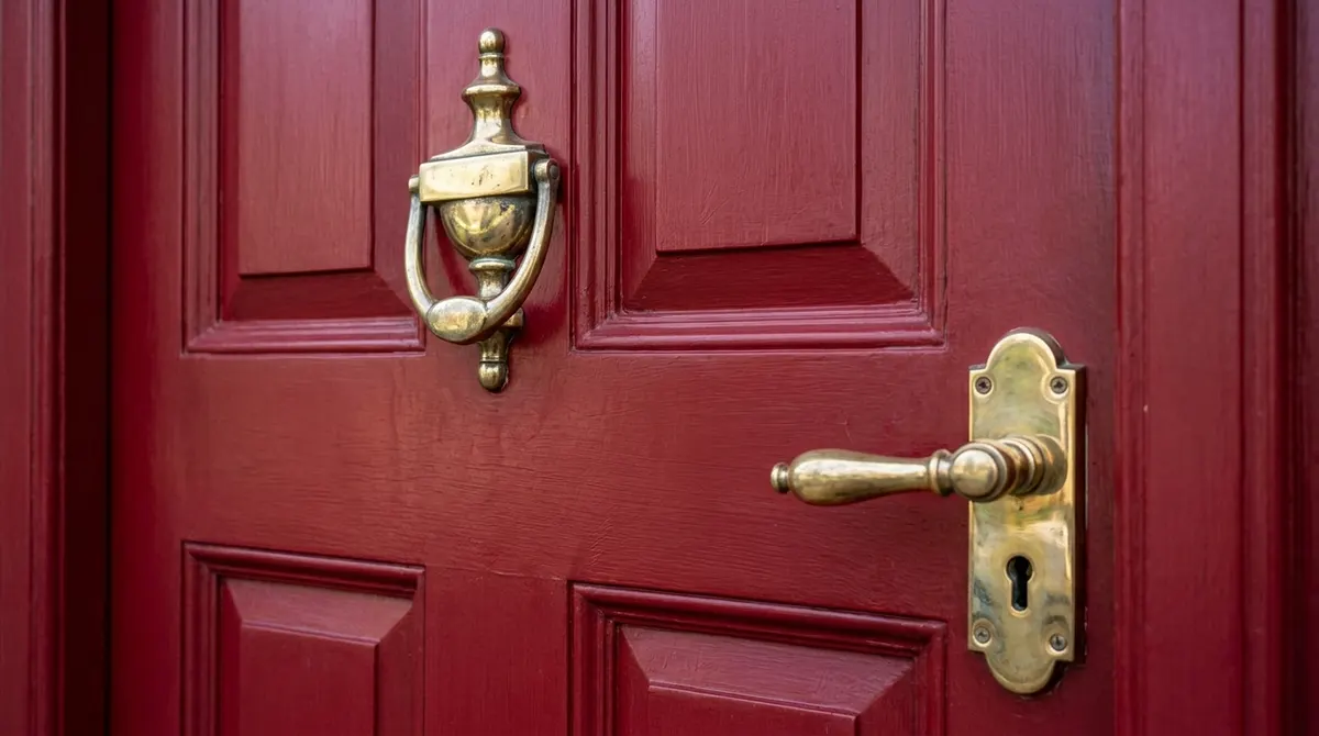 Close-up of a deep red front door with a brass knocker