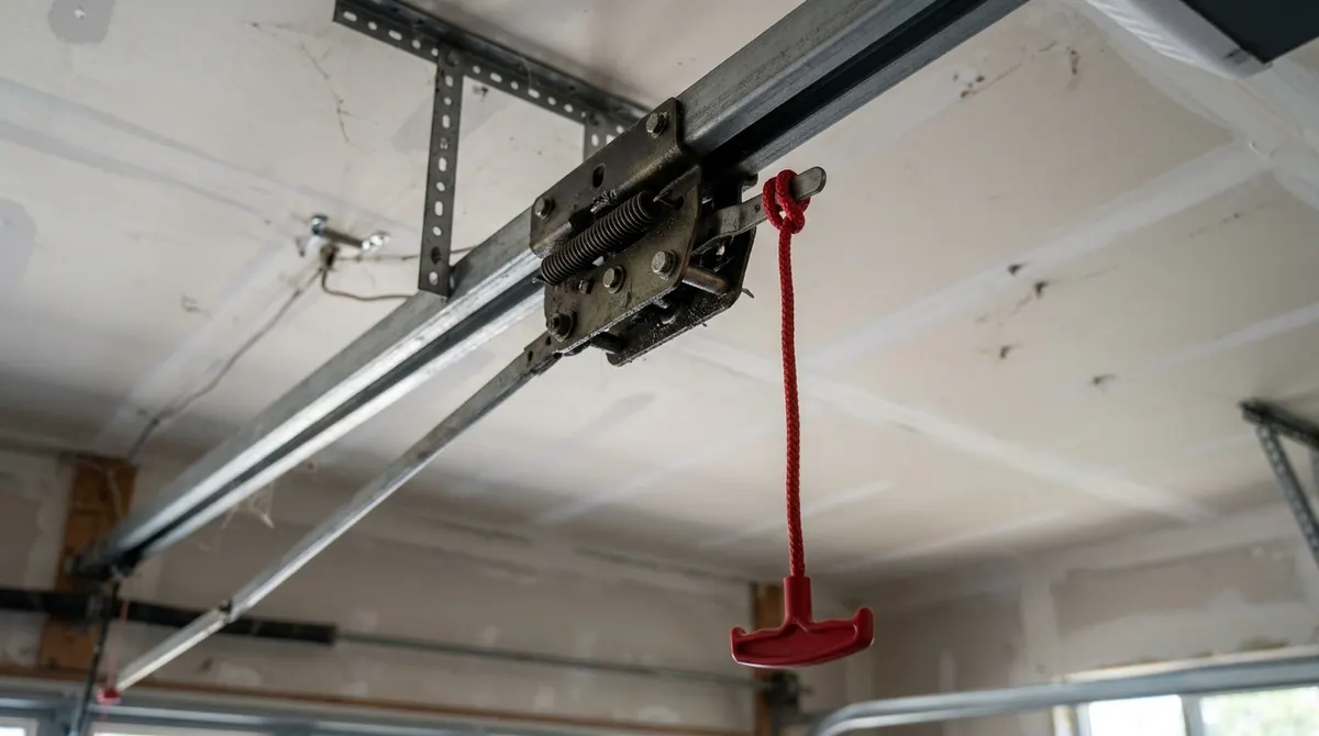 Red emergency release cord hanging from a garage door opener trolley