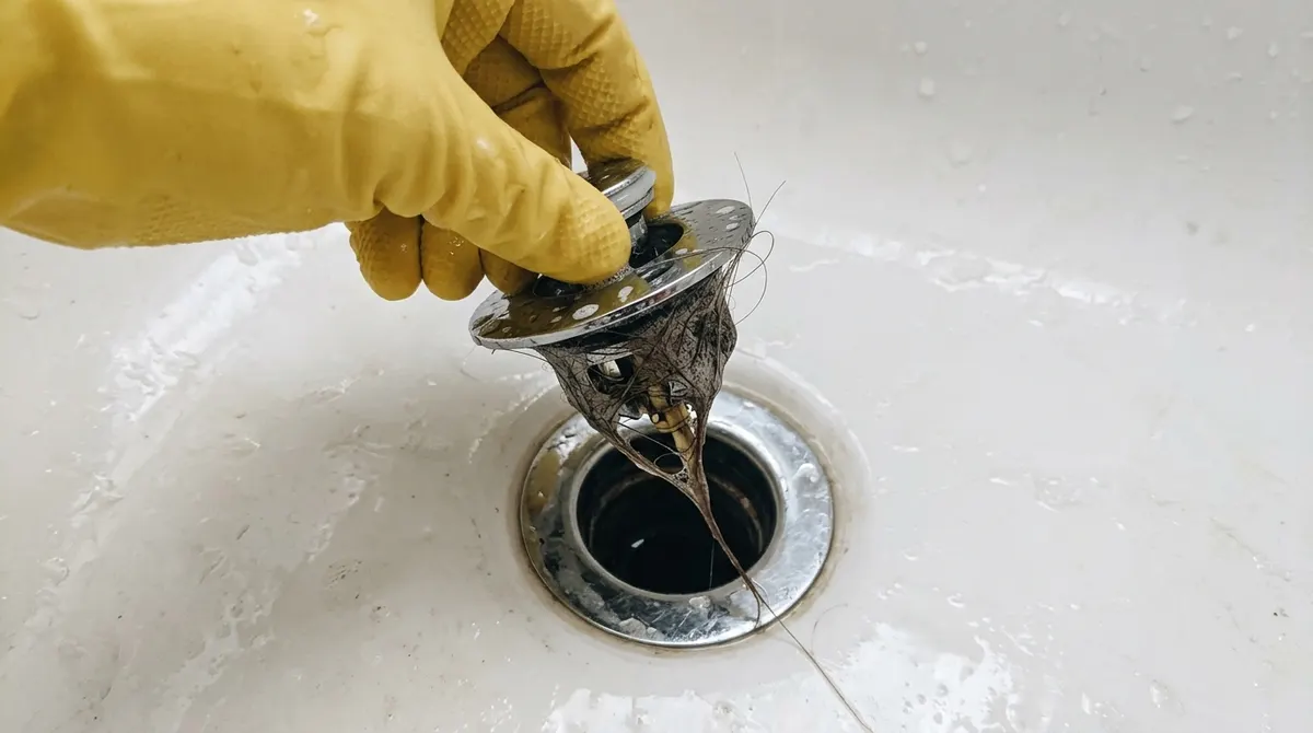 Unscrewing and lifting out a bathtub drain stopper covered in hair