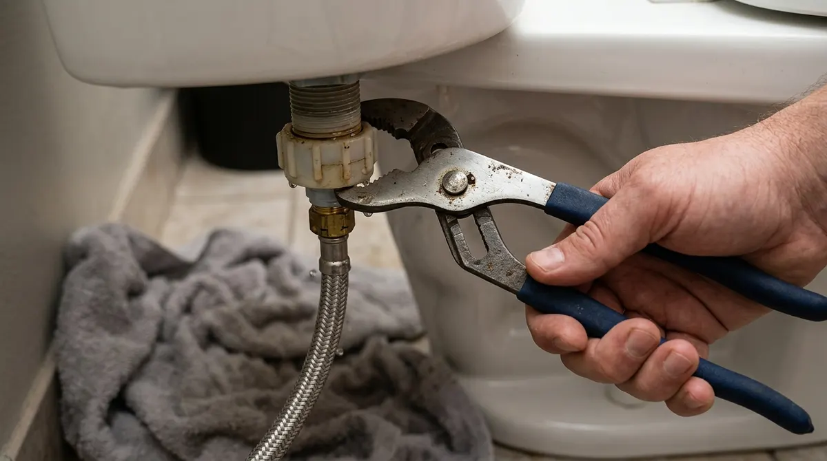 Hands unscrewing the locknut under a toilet tank to remove the old fill valve