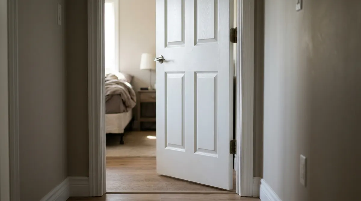 Interior door with hinges on the right, swinging away into a room