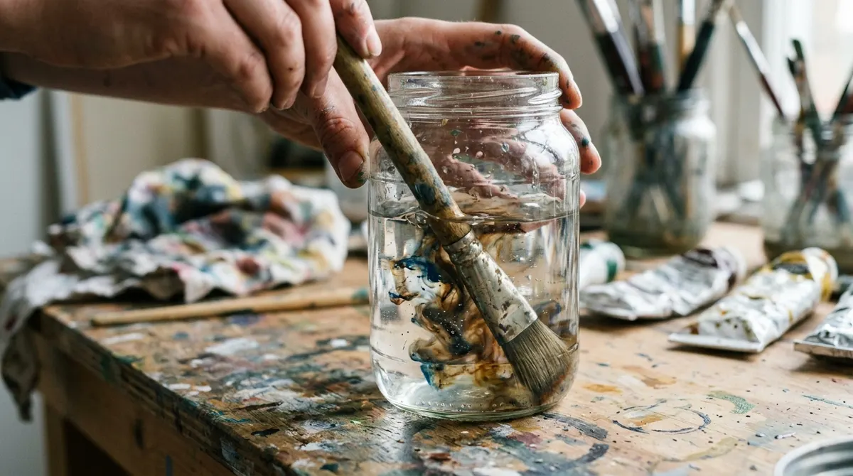 Rinsing an oil paint brush in a glass jar of odorless mineral spirits