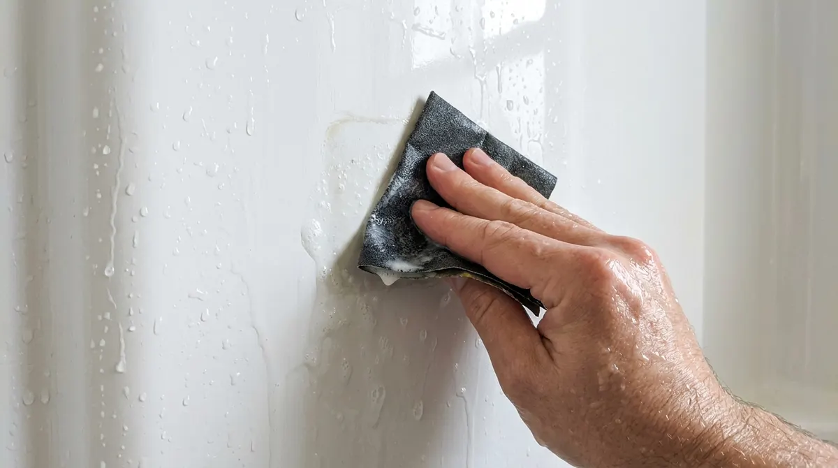 Wet sanding a repaired spot on a fiberglass shower until smooth