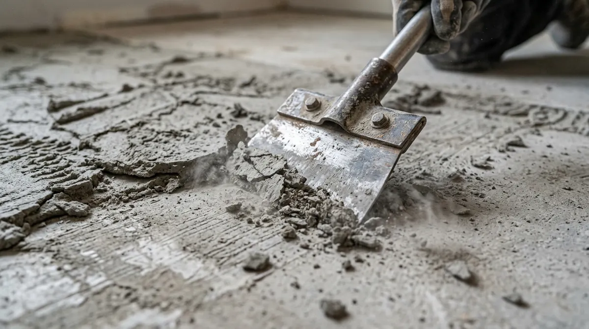 Scraping leftover thinset mortar from a concrete subfloor