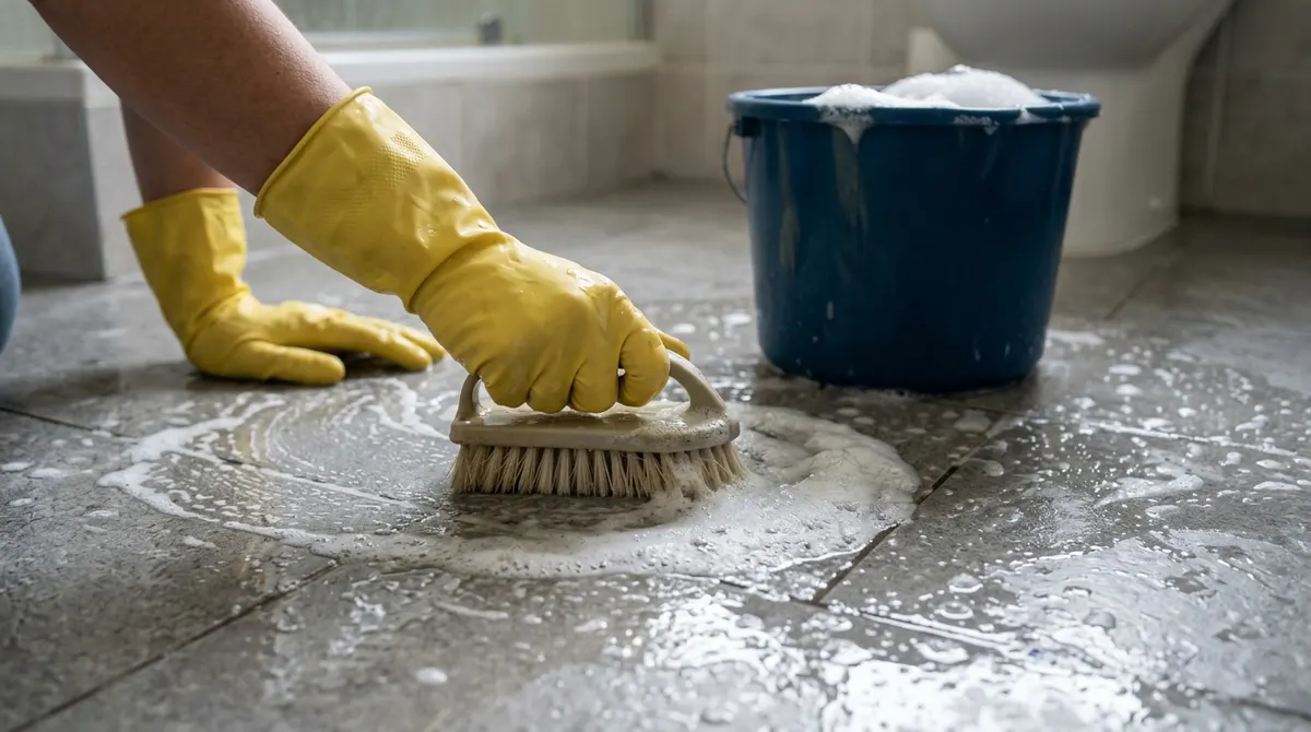 Scrubbing gray bathroom floor tiles with a soft brush and bucket of soapy water
