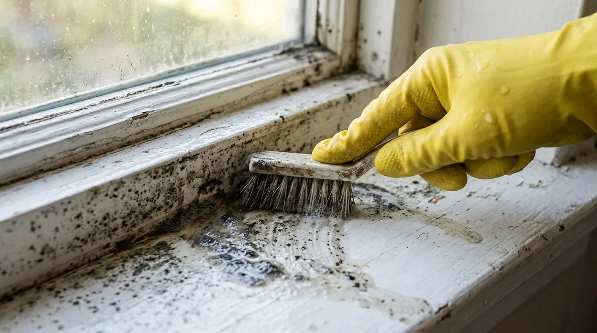 Gloved hand scrubbing mold from a window sill with a brush