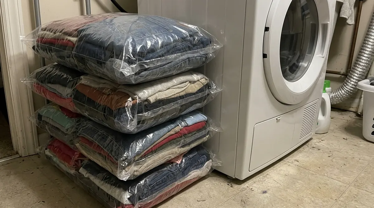 Clothes sealed in clear plastic bags ready for bed bug heat treatment