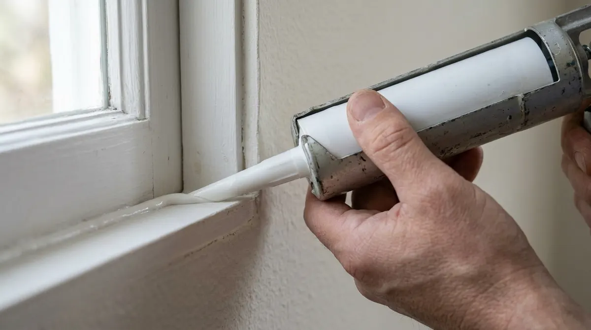 Applying caulk to seal a gap around a window frame to stop ants getting in