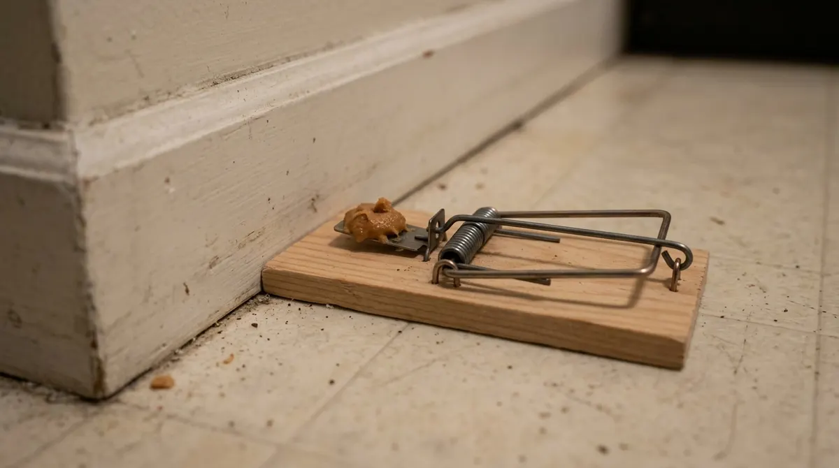 Snap mouse trap baited with peanut butter placed along a kitchen wall