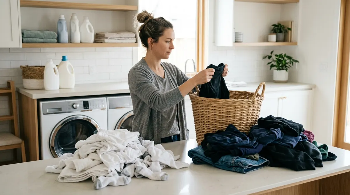 Person sorting whites and dark clothes into separate piles in a laundry room