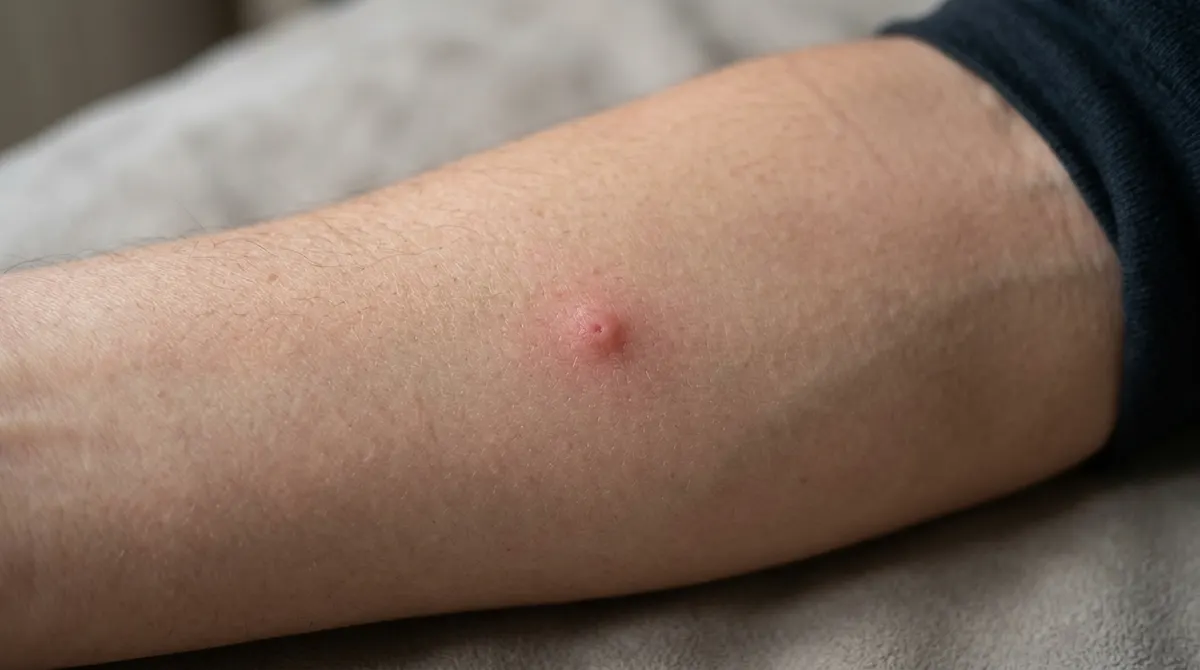 Small red raised bump on a forearm from a minor insect or spider bite