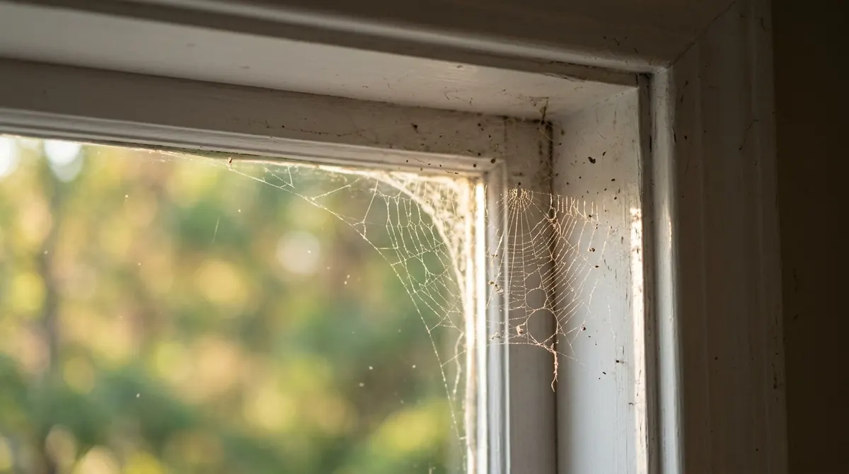 Spider web in the upper corner of a window frame inside a house