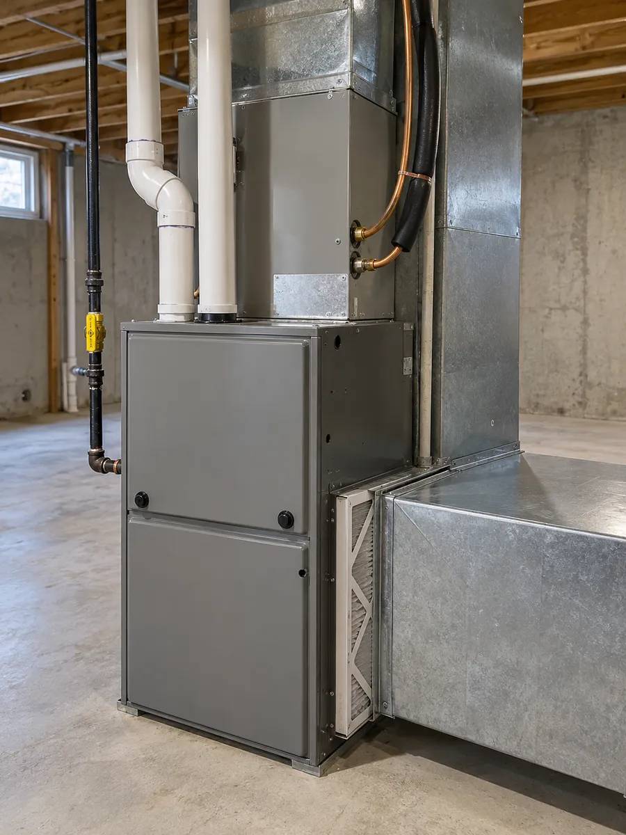 Gas furnace with evaporator coil cabinet and sheet metal ductwork in a basement