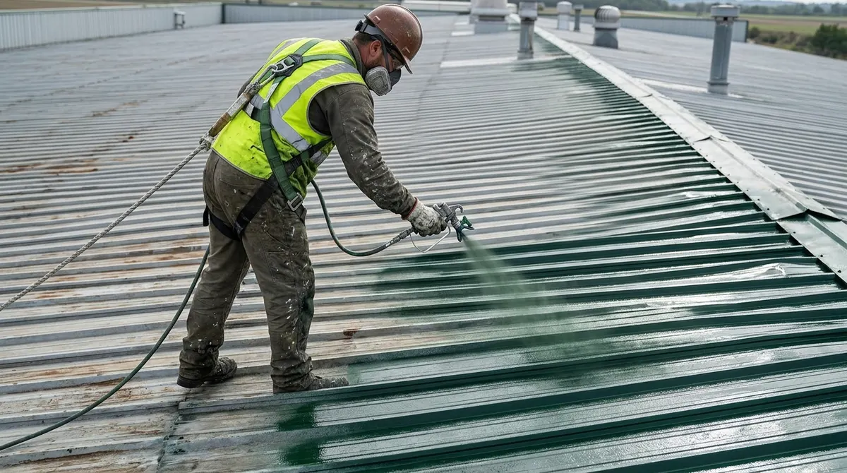 Worker spraying paint onto a metal roof with an airless sprayer